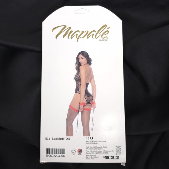 Mapale Black Lace Bodysuit Lingerie Floral Fishnet Red Accent One Size - Picture 4 of 6